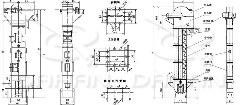 TD/D型鬥式提升機基本結構:機頭蓋，機頭座，減速電機，直管，底座，緊張裝置等。