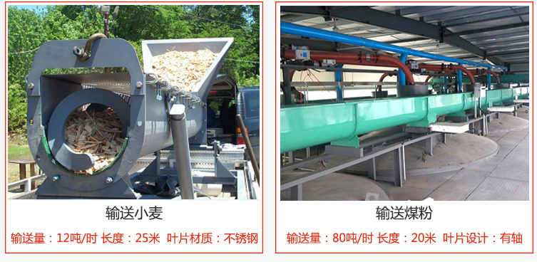 绞龙螺旋输送机输送小麦输送量在12吨/时，长度为25米，叶片采用不锈钢材质；输送水泥输送量在80吨/时，长度为20米，叶片设计为有轴。