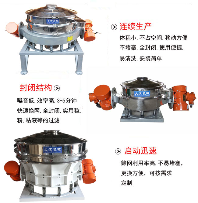 直径1000mm直排筛特点：连续生产：体积小，不占空间，移动方便，不堵塞，全封闭，使用便捷，易清洗，安装简单。封闭结构：噪音低，效率高，3-5分钟，快速换网，全封闭，实用粒，粉粘液等的过滤。启动迅速：筛网利用率高，不易堵塞，更换方便，可按需求定制。